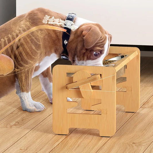 Erhöhter Hunde-Futterschalenständer aus Bambus mit verstellbaren und geneigten Edelstahlschalen